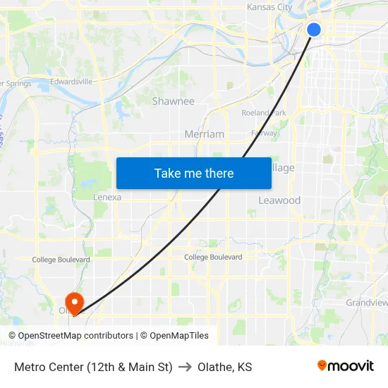 Metro Center (12th & Main St) to Olathe, KS map
