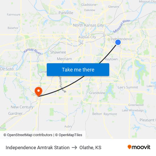 Independence Amtrak Station to Olathe, KS map