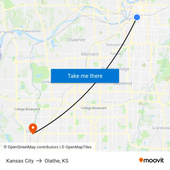 Kansas City to Olathe, KS map