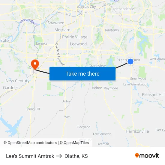 Lee's Summit Amtrak to Olathe, KS map