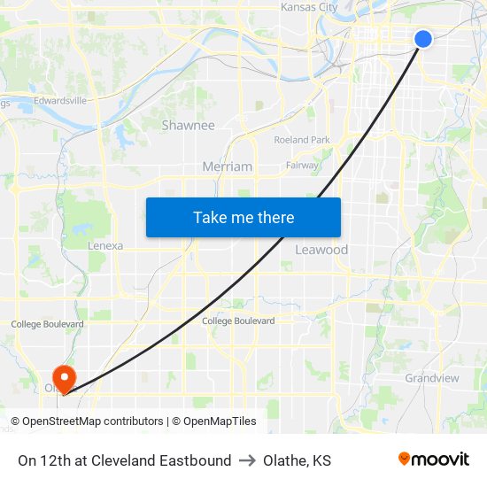 On 12th at Cleveland Eastbound to Olathe, KS map