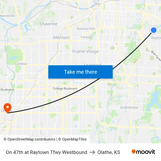 On 47th at Raytown Tfwy Westbound to Olathe, KS map