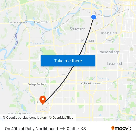 On 40th at Ruby Northbound to Olathe, KS map
