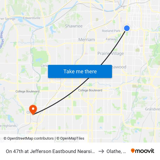 On 47th at Jefferson Eastbound Nearside to Olathe, KS map