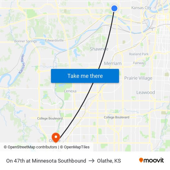 On 47th at Minnesota Southbound to Olathe, KS map