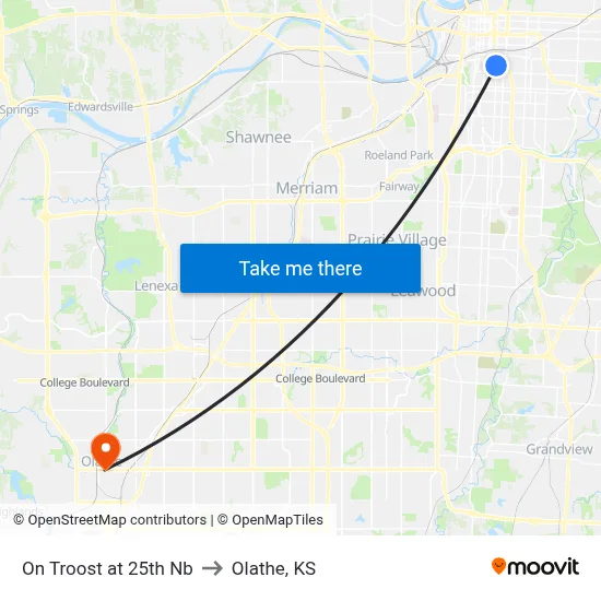 On Troost at 25th Nb to Olathe, KS map