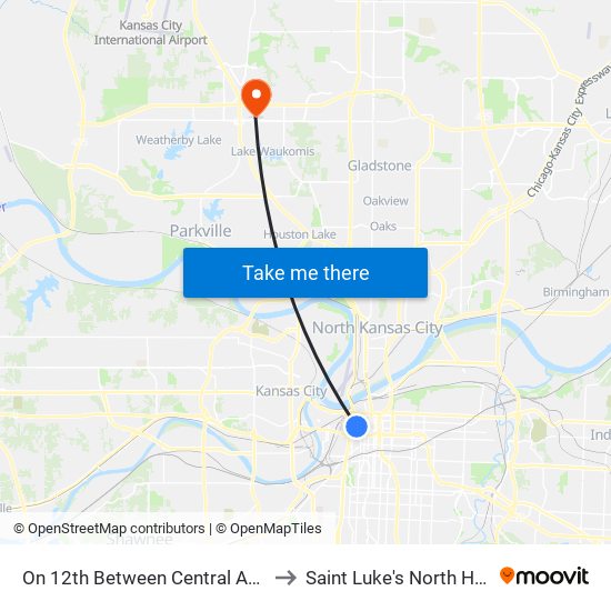 On 12th Between Central And Wyandotte Eastbound to Saint Luke's North Hospital–Barry Road map