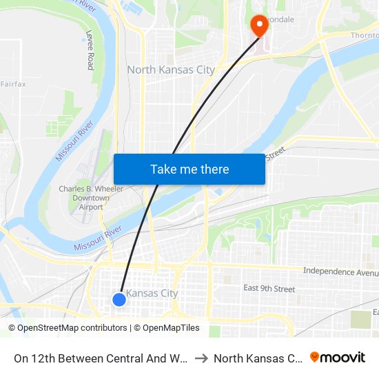 On 12th Between Central And Wyandotte Eastbound to North Kansas City Hospital map