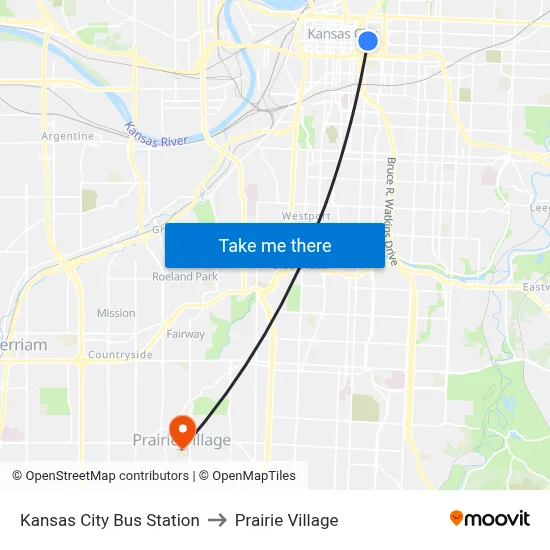 Kansas City Bus Station to Prairie Village map