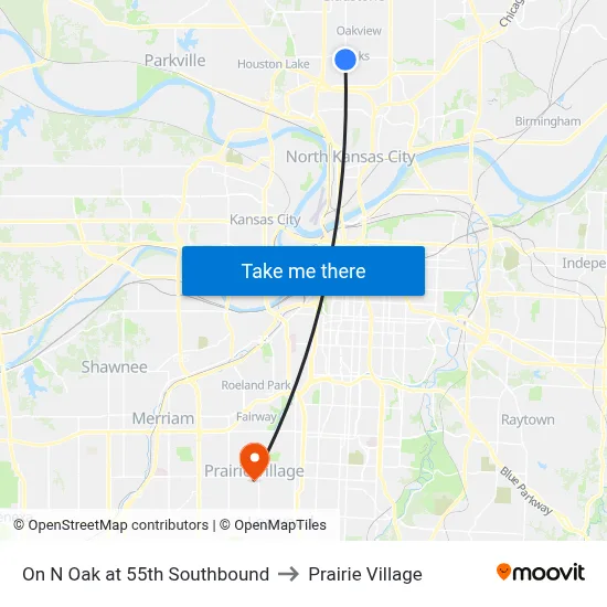 On N Oak at 55th Southbound to Prairie Village map
