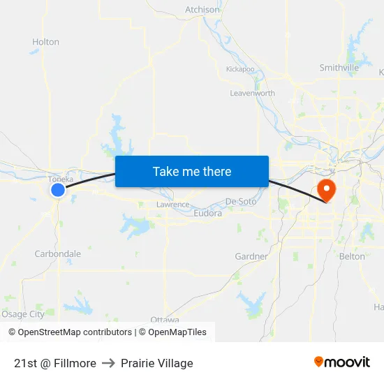 21st @ Fillmore to Prairie Village map