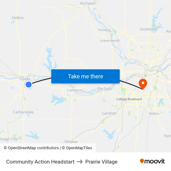 Community Action Headstart to Prairie Village map