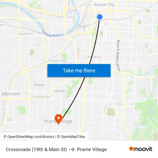 Crossroads (19th & Main St) to Prairie Village map