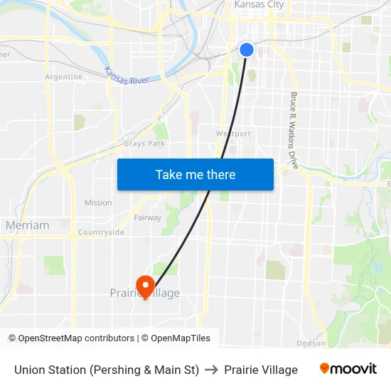 Union Station (Pershing & Main St) to Prairie Village map