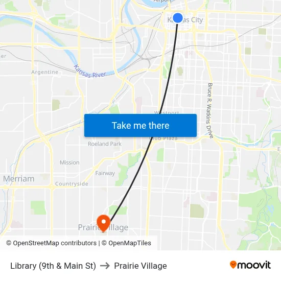 Library (9th & Main St) to Prairie Village map