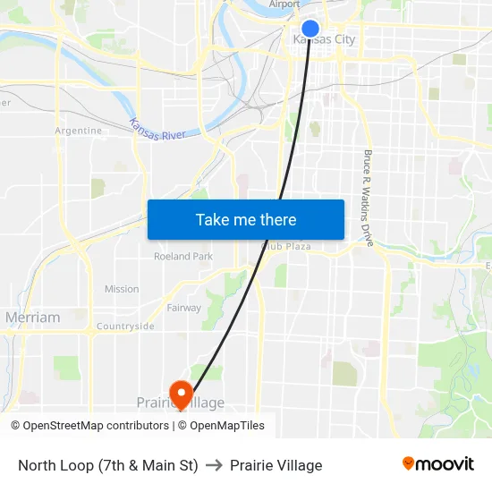 North Loop (7th & Main St) to Prairie Village map