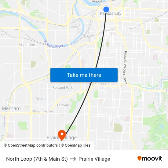 North Loop (7th & Main St) to Prairie Village map