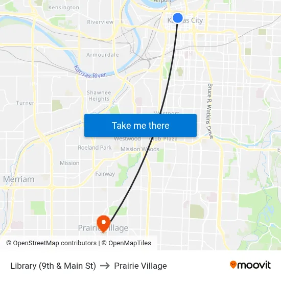 Library (9th & Main St) to Prairie Village map