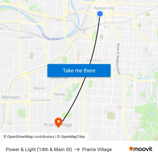 Power & Light (14th & Main St) to Prairie Village map
