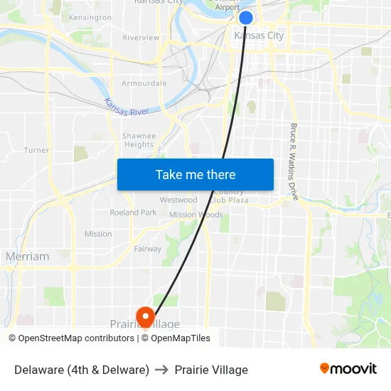 Delaware  (4th & Delware) to Prairie Village map