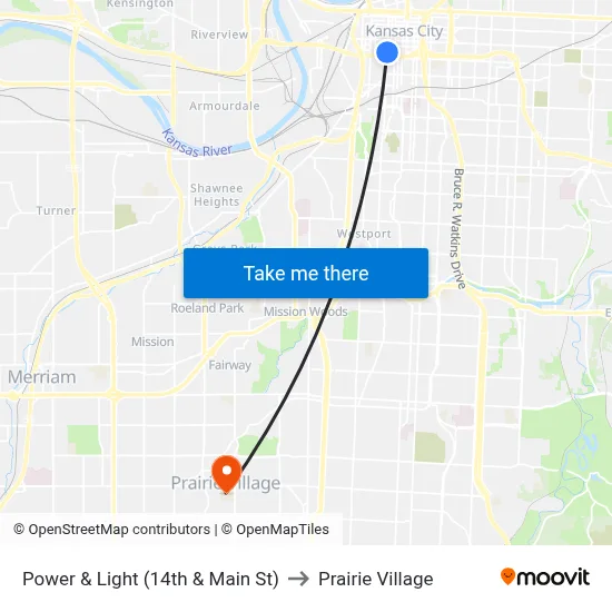 Power & Light (14th & Main St) to Prairie Village map