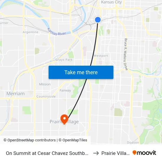 On Summit at Cesar Chavez Southbound to Prairie Village map