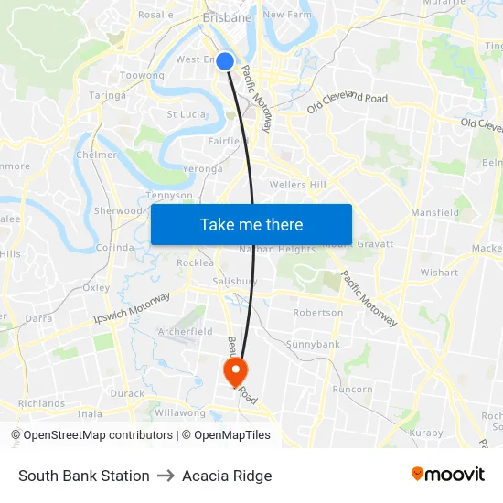 South Bank Station to Acacia Ridge map