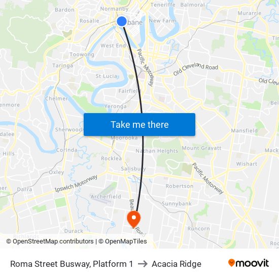 Roma Street Busway, Platform 1 to Acacia Ridge map