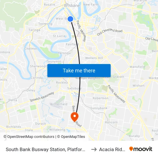 South Bank Busway Station, Platform 1 to Acacia Ridge map