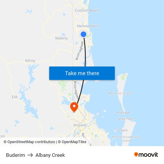 Buderim to Albany Creek map