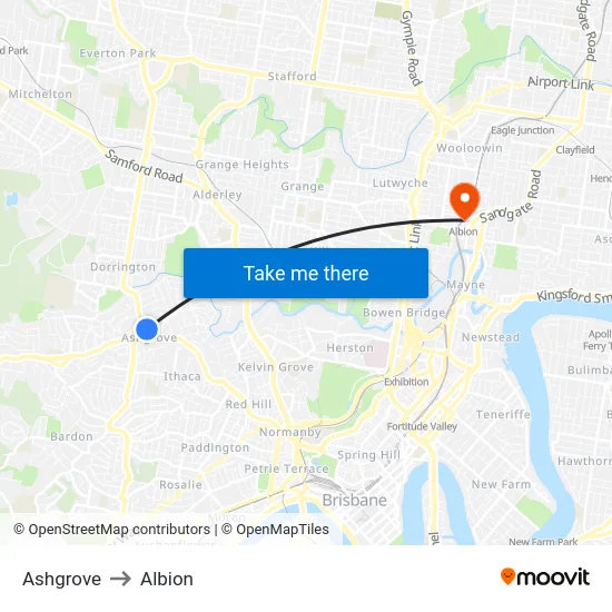 Ashgrove to Albion map
