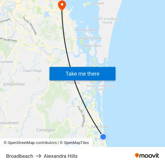Broadbeach to Alexandra Hills map