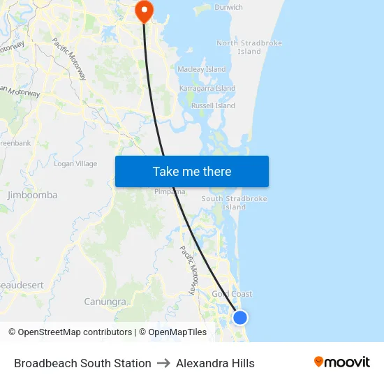 Broadbeach South Station to Alexandra Hills map