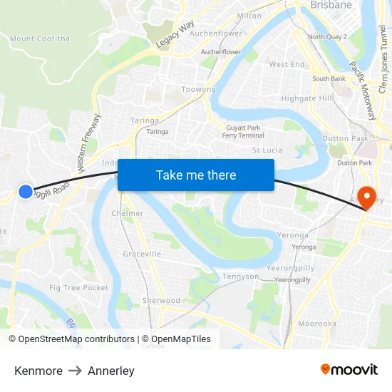 Kenmore to Annerley map