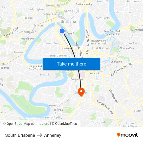 South Brisbane to Annerley map