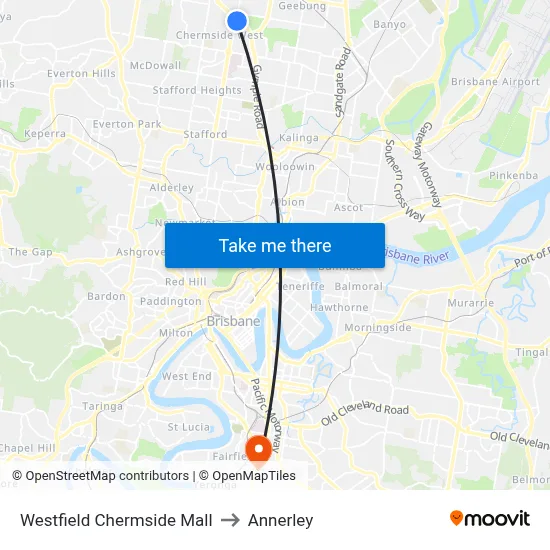 Westfield Chermside Mall to Annerley map