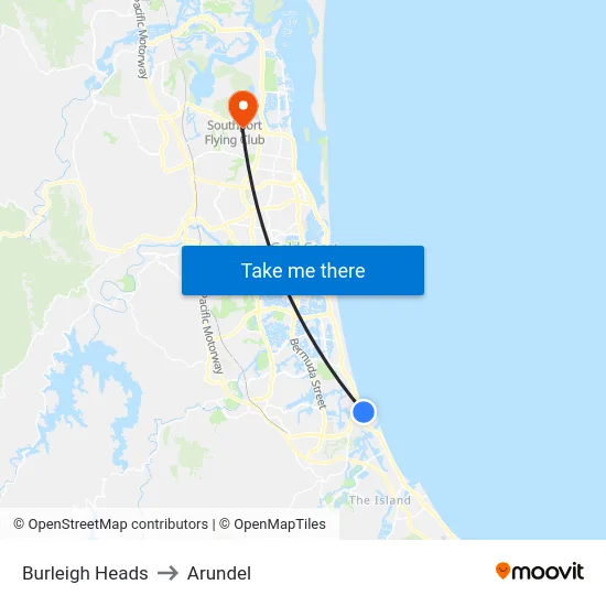 Burleigh Heads to Arundel map