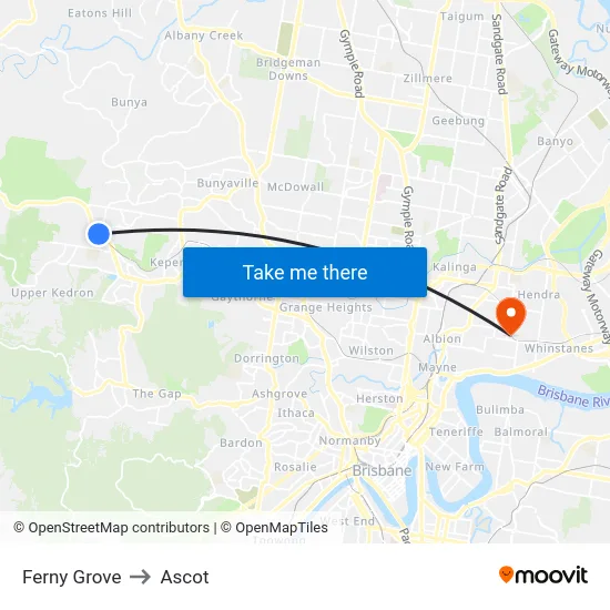 Ferny Grove to Ascot map