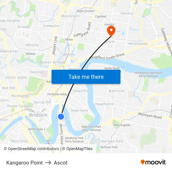 Kangaroo Point to Ascot map