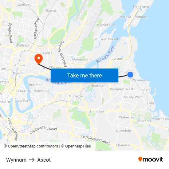 Wynnum to Ascot map