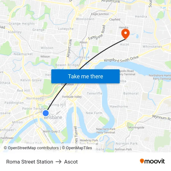 Roma Street Station to Ascot map