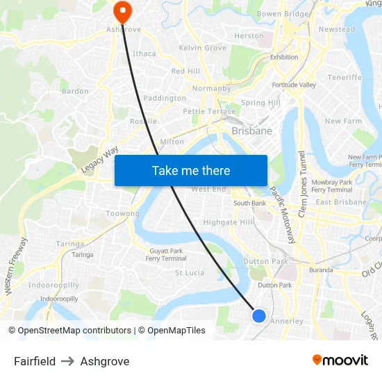 Fairfield to Ashgrove map