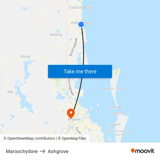 Maroochydore to Ashgrove map