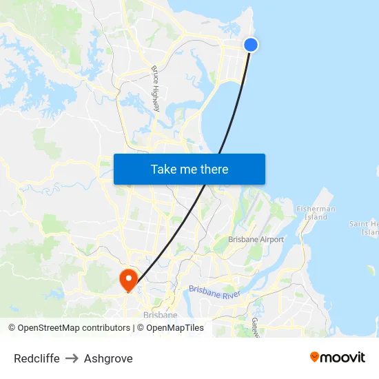 Redcliffe to Ashgrove map