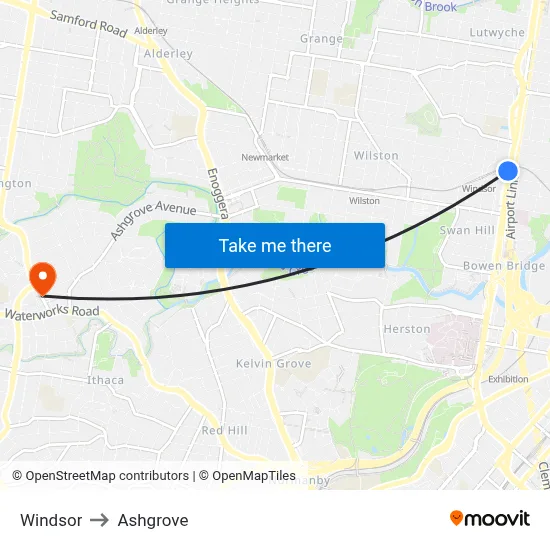 Windsor to Ashgrove map