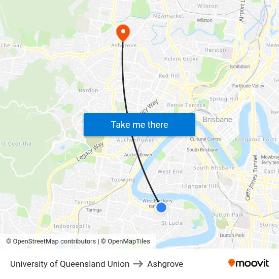 University of Queensland Union to Ashgrove map