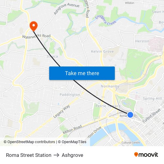 Roma Street Station to Ashgrove map