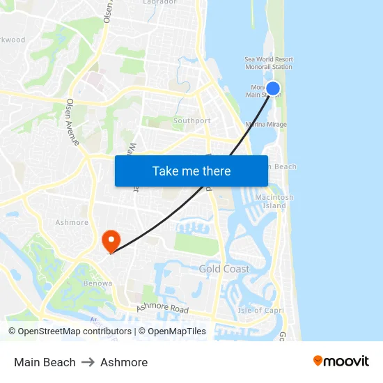 Main Beach to Ashmore map