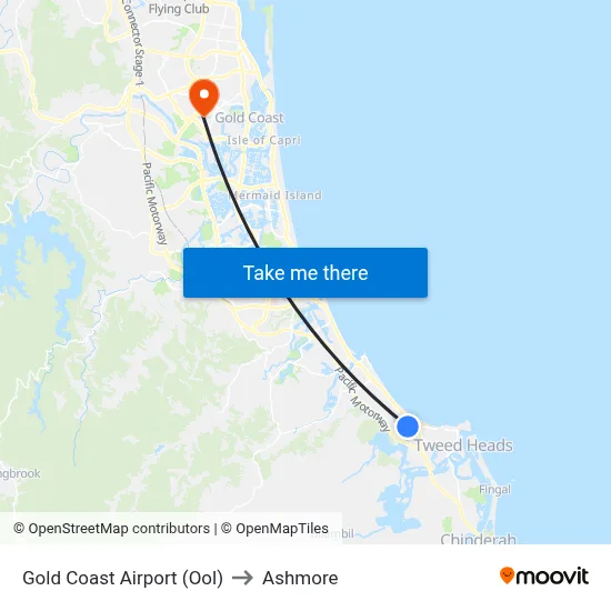 Gold Coast Airport (Ool) to Ashmore map