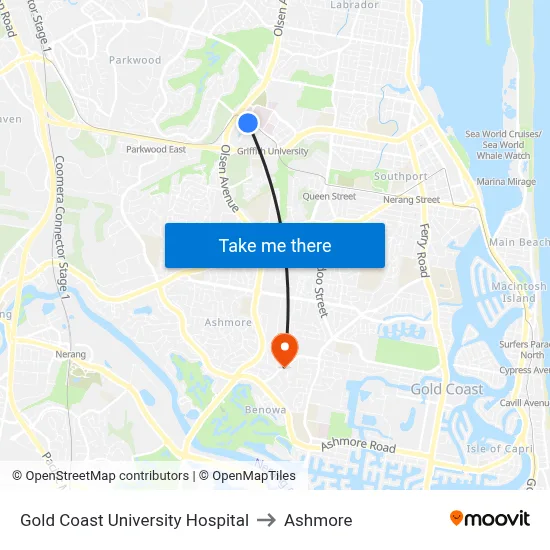 Gold Coast University Hospital to Ashmore map